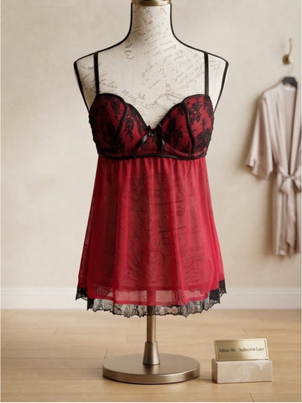 Linea Donatella Red Black Lace Babydoll Chemise Thong Set NWT Medium & Small